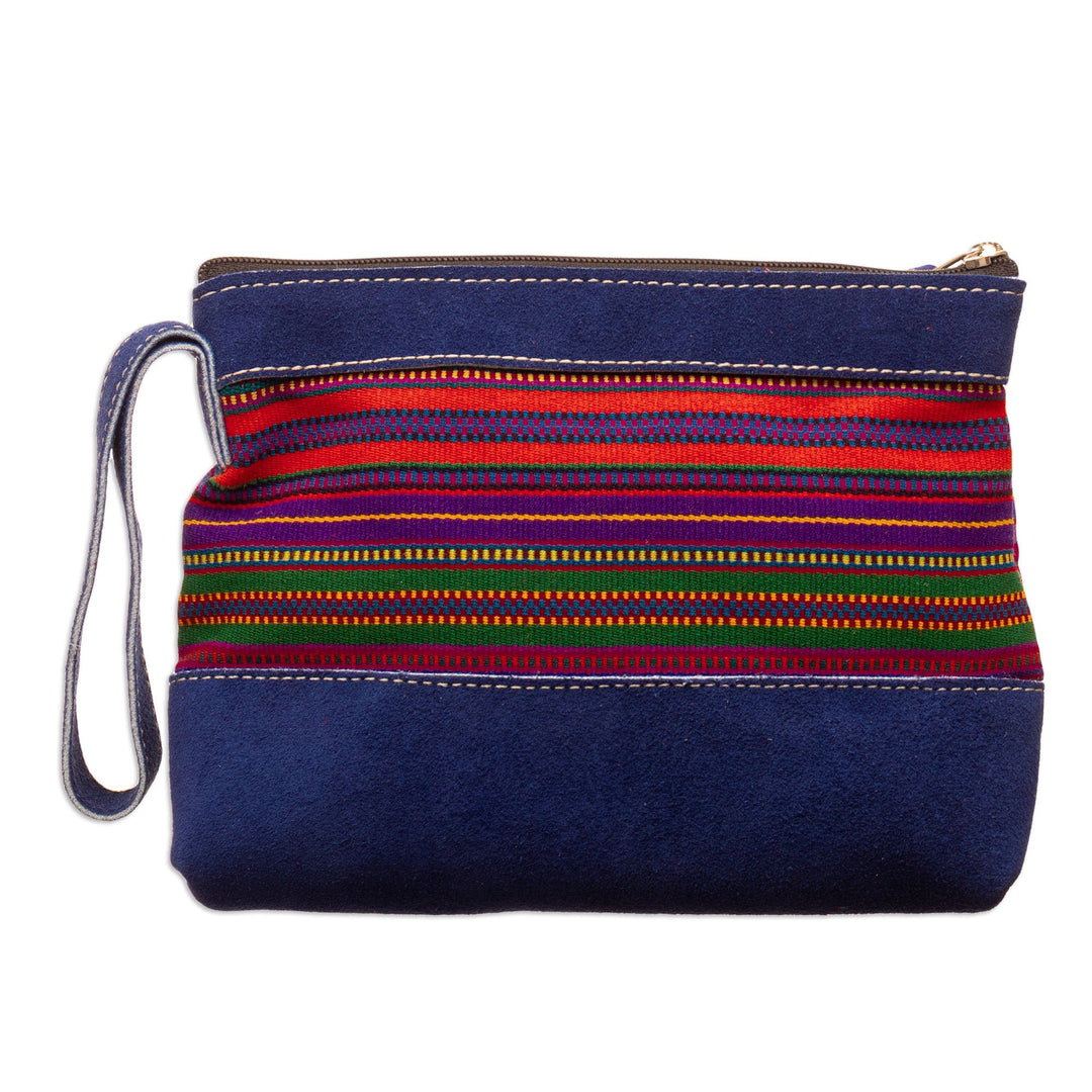 Blue Suede Wristlet Bag with Hand-Woven Andean Motif - River Offerings