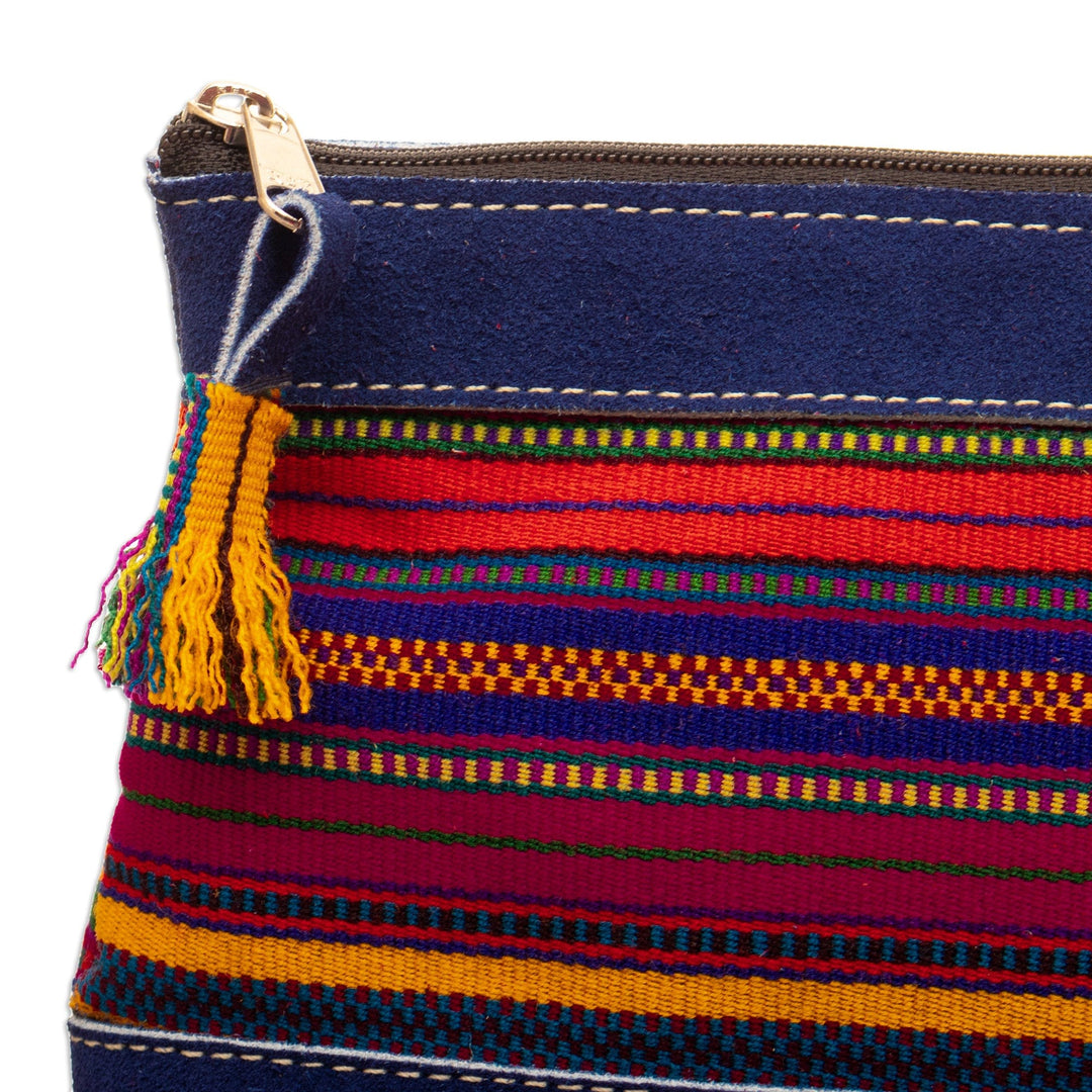 Blue Suede Wristlet Bag with Hand-Woven Andean Motif - River Offerings