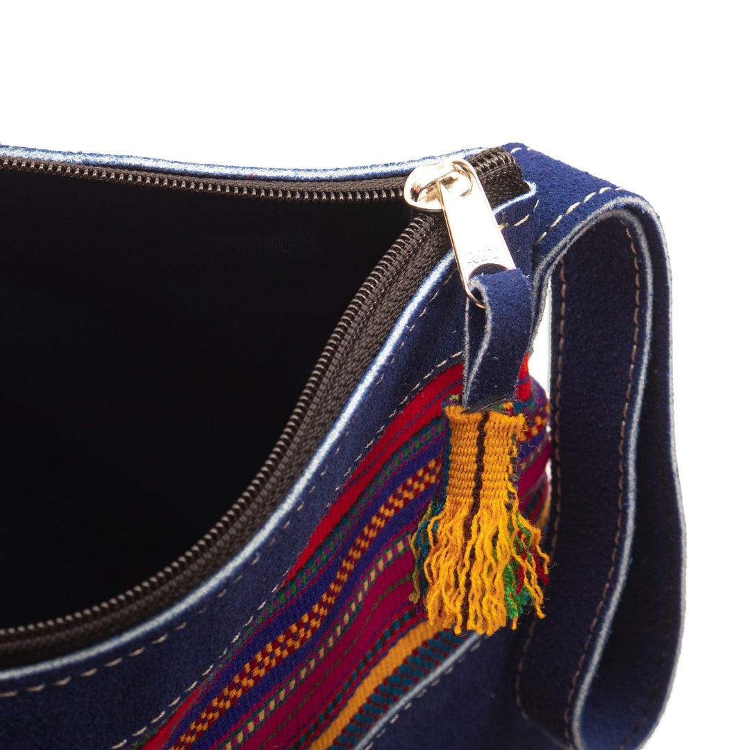 Blue Suede Wristlet Bag with Hand-Woven Andean Motif - River Offerings