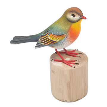 Hand-Carved and Hand-Painted Teak & Suar Wood Bird Statuette - Warbler