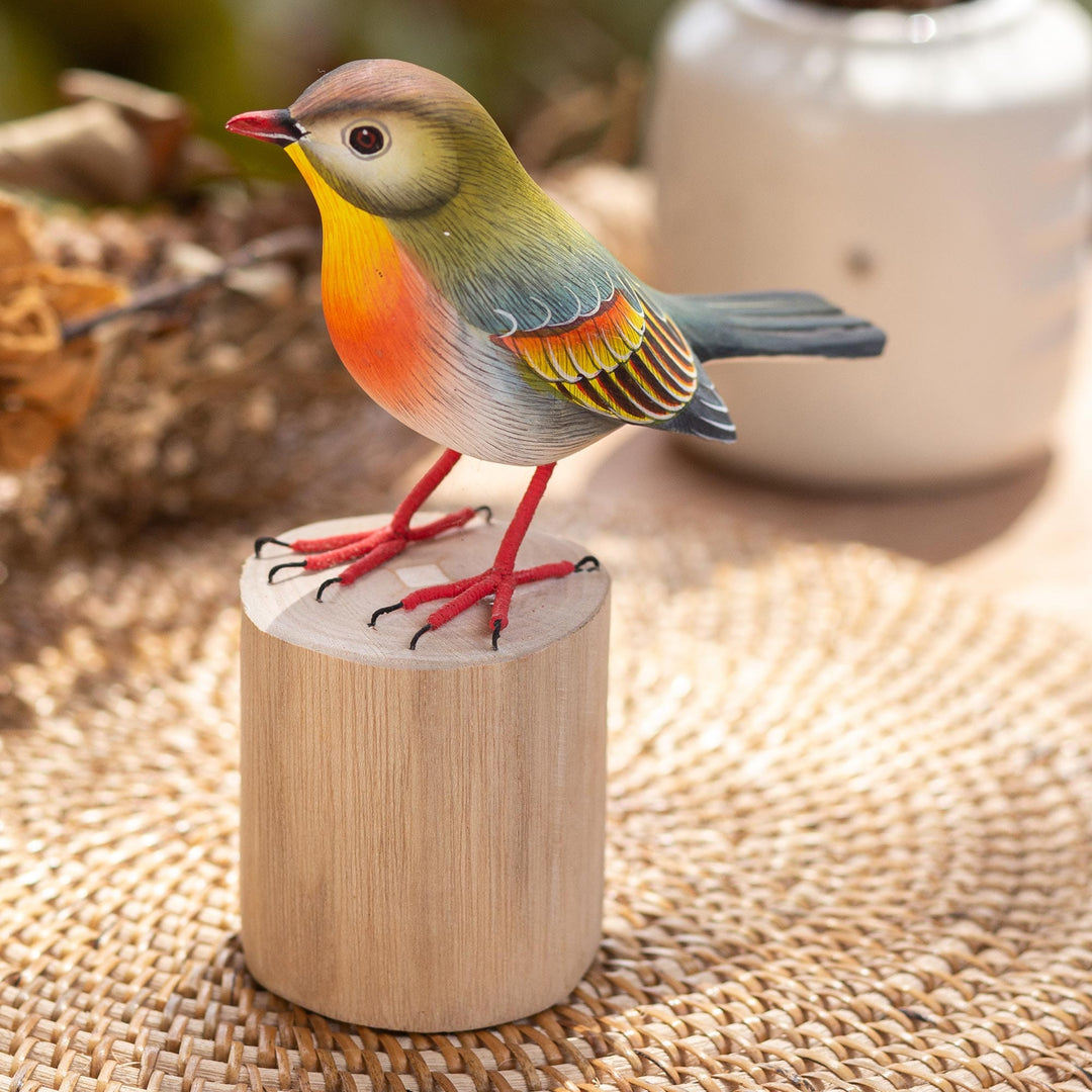 Hand-Carved and Hand-Painted Teak & Suar Wood Bird Statuette - Warbler