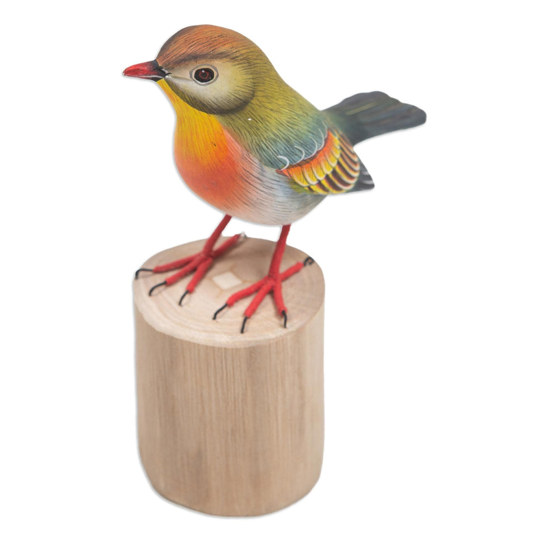 Hand-Carved and Hand-Painted Teak & Suar Wood Bird Statuette - Warbler