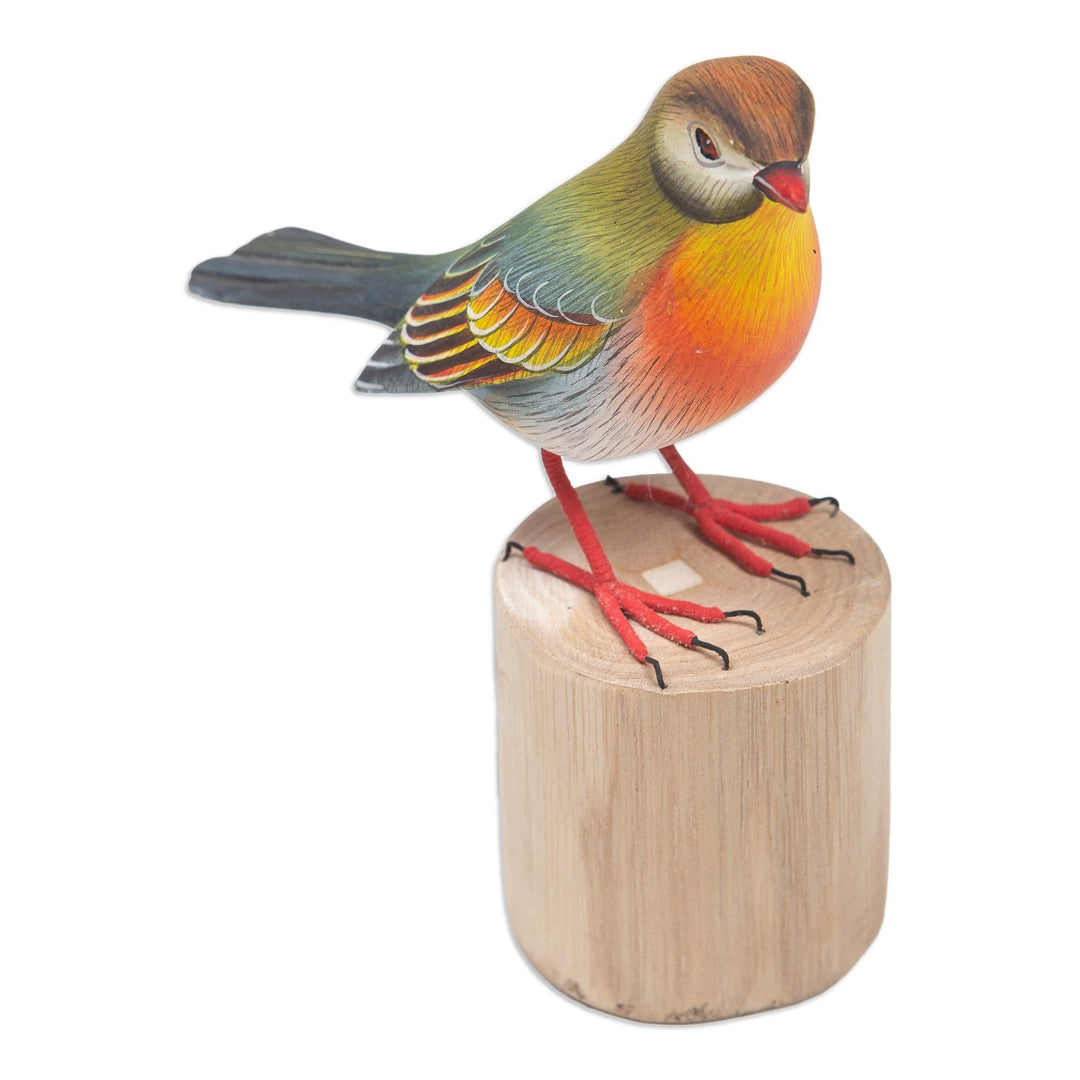 Hand-Carved and Hand-Painted Teak & Suar Wood Bird Statuette - Warbler
