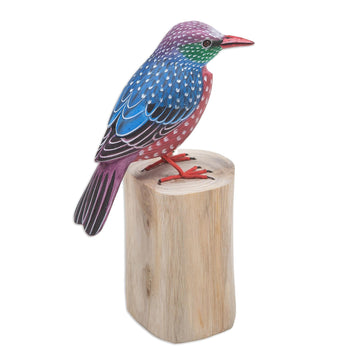 Teak & Suar Wood Bird Statuette Carved and Painted by Hand - Starling Spreeuw