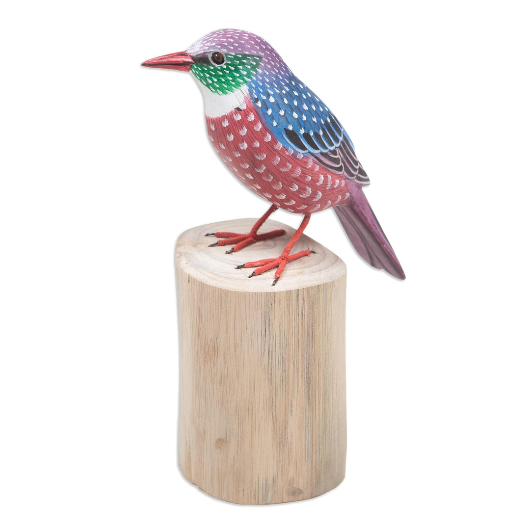 Teak & Suar Wood Bird Statuette Carved and Painted by Hand - Starling Spreeuw