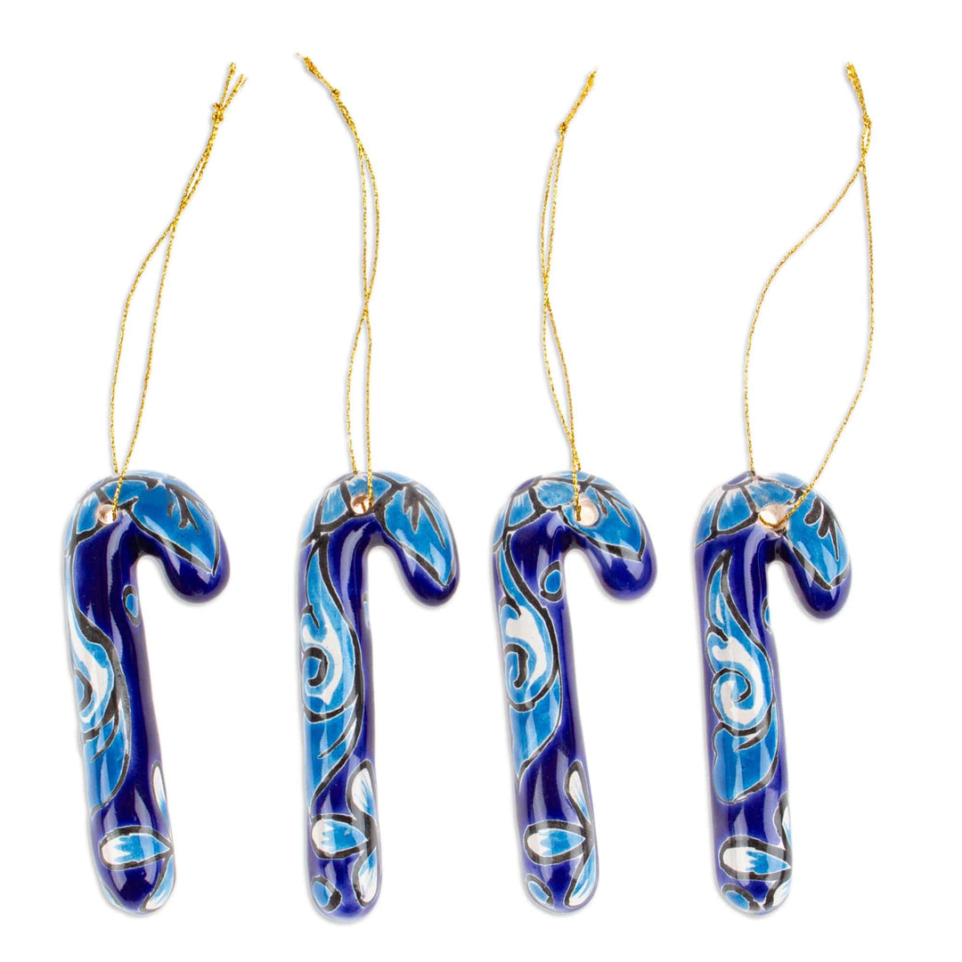 Set of 4 Ceramic Ornaments with Floral Motifs in Blue - Lapis Canes