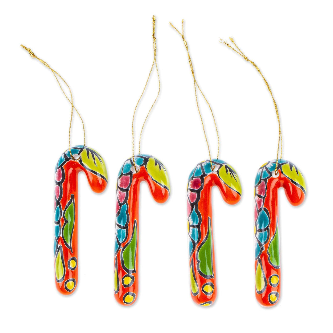 Set of 4 Ceramic Ornaments with Floral Motifs in Vermilion - Vermilion Canes