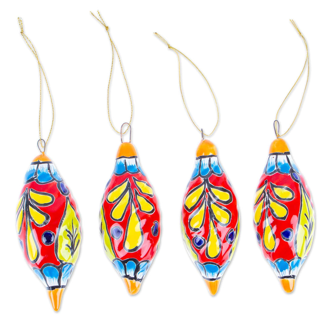 Handcrafted Talavera Ceramic Ornaments in Scarlet (Set of 4) - Scarlet Ambience
