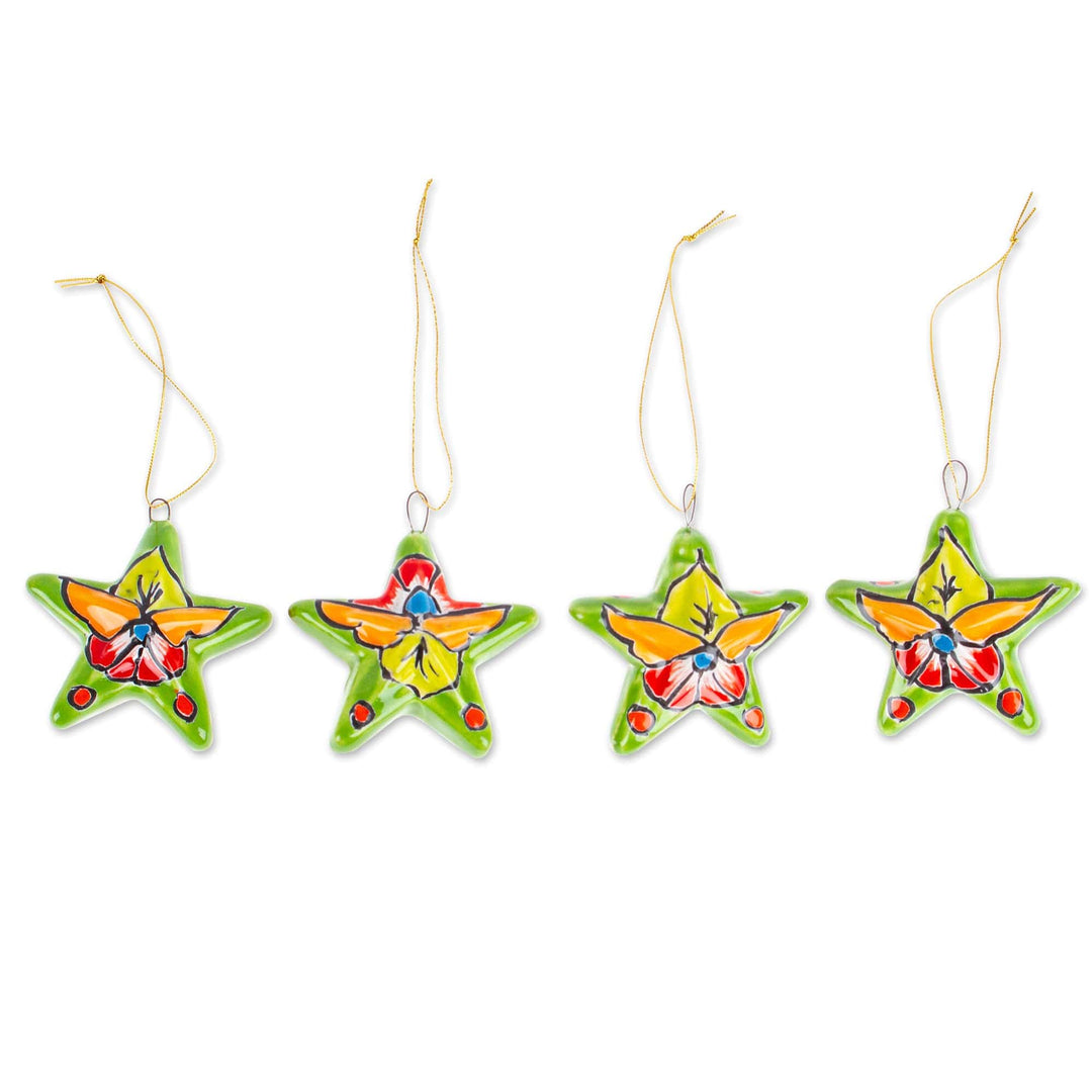 Set of 4 Handcrafted Talavera Star Ceramic Ornaments - Olive Constellation