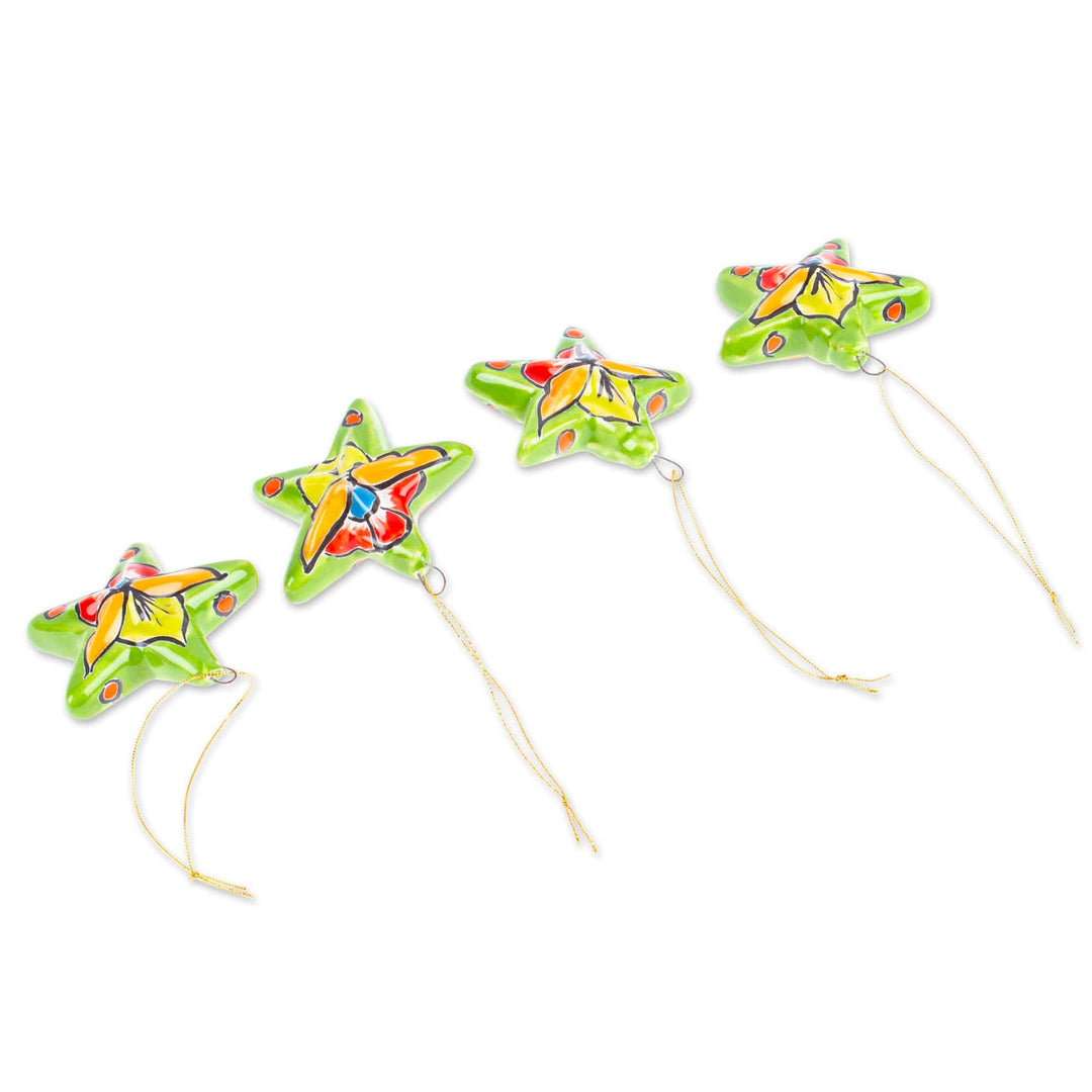Set of 4 Handcrafted Talavera Star Ceramic Ornaments - Olive Constellation