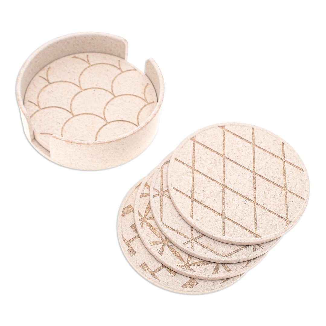 Set of 6 Bio-Composite Coasters with Geometric Details - Antique Ideas