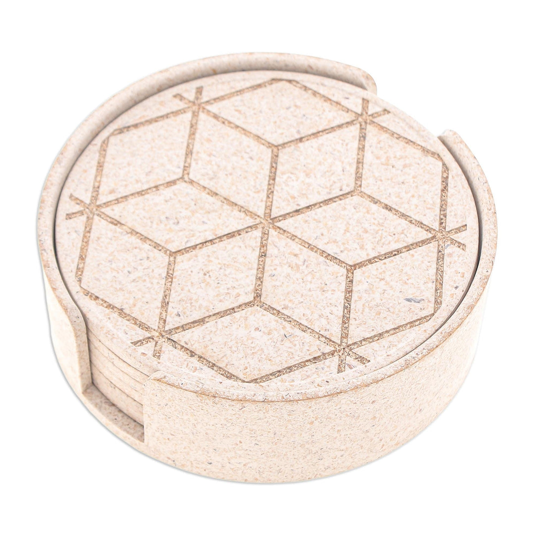 Set of 6 Bio-Composite Coasters with Geometric Details - Antique Ideas