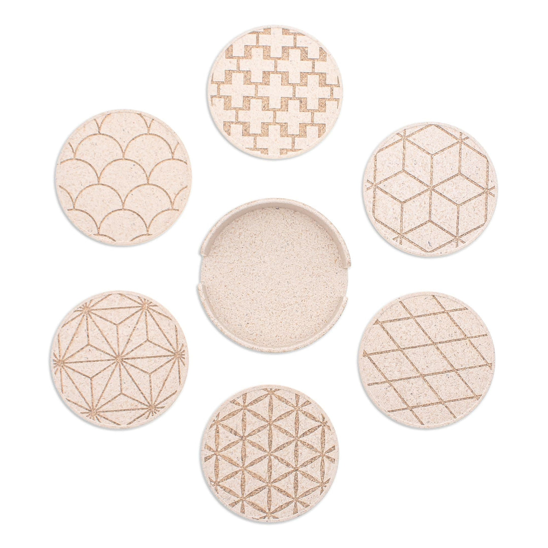 Set of 6 Bio-Composite Coasters with Geometric Details - Antique Ideas