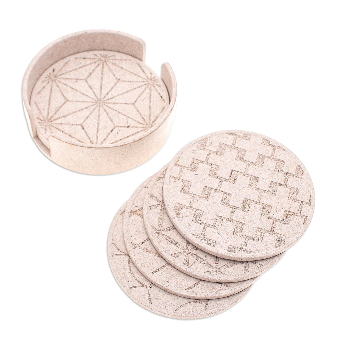 Set of 6 Ivory Bio-Composite Coasters with Geometric Details - Ivory Ideas