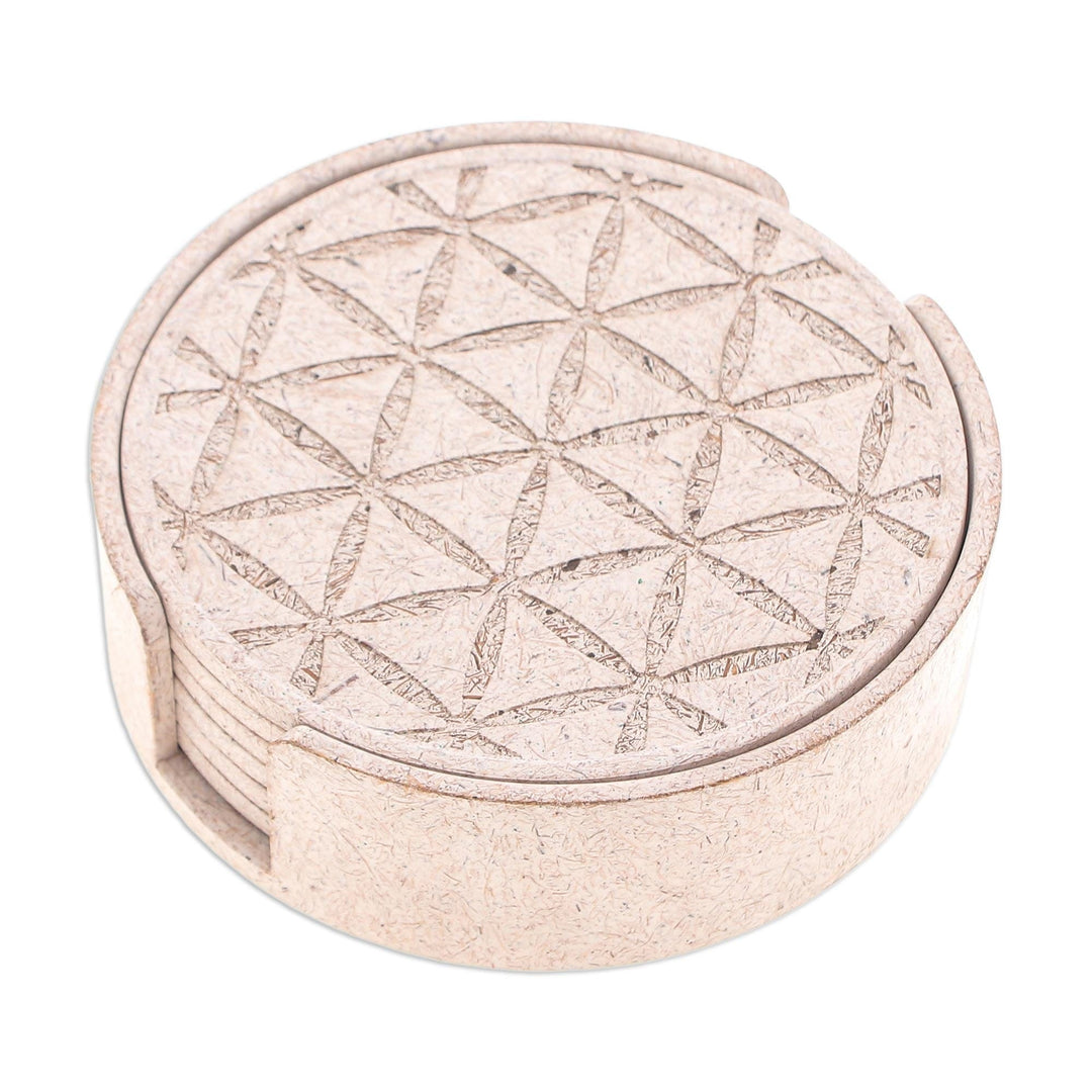 Set of 6 Ivory Bio-Composite Coasters with Geometric Details - Ivory Ideas