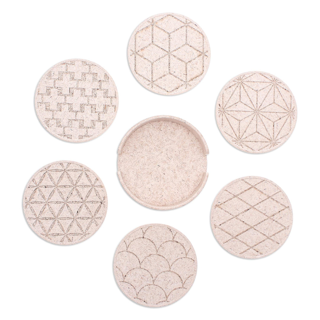 Set of 6 Ivory Bio-Composite Coasters with Geometric Details - Ivory Ideas