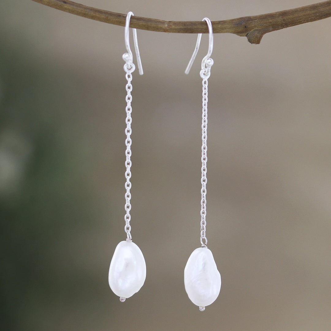 Sterling Silver Dangle Earrings with Cream Cultured Pearls - Pearly Fortune