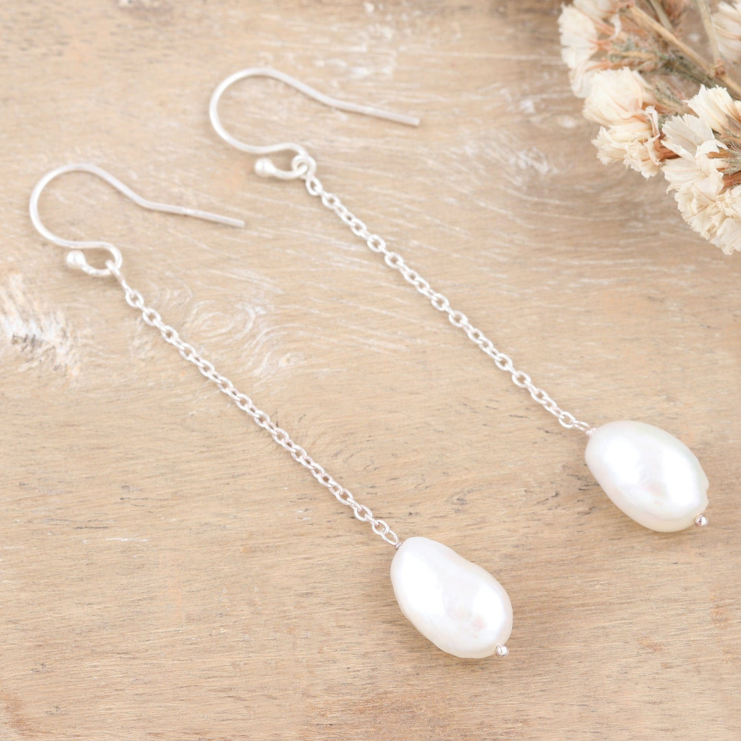 Sterling Silver Dangle Earrings with Cream Cultured Pearls - Pearly Fortune