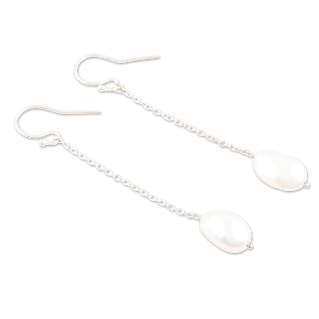 Sterling Silver Dangle Earrings with Cream Cultured Pearls - Pearly Fortune