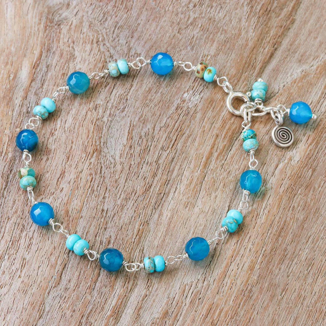 Sterling Silver Beaded Charm Bracelet with Agate and Jasper - Stylish Swirl