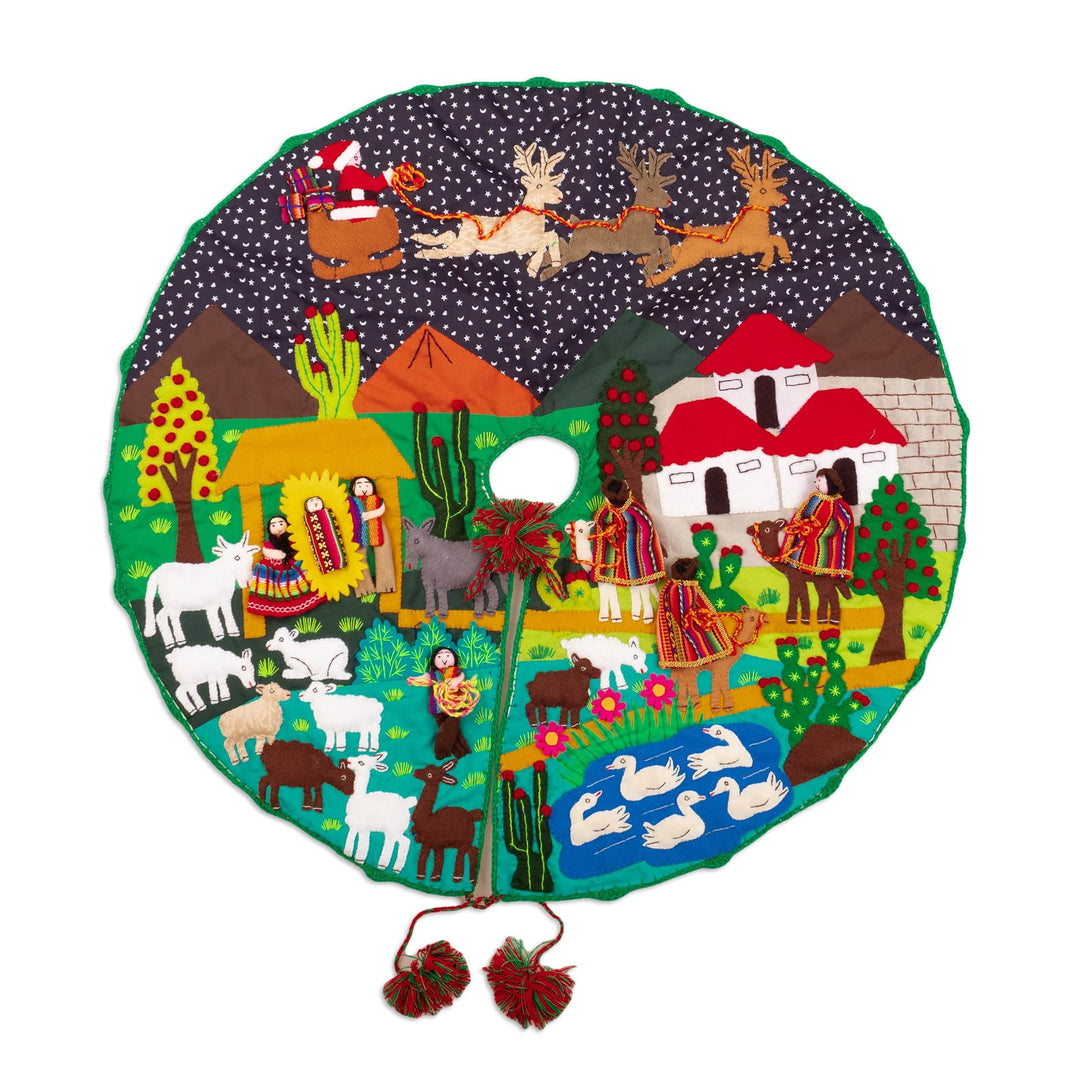 Cotton Blend Applique Christmas Tree Skirt of Andean Scene - Holiday Excitement