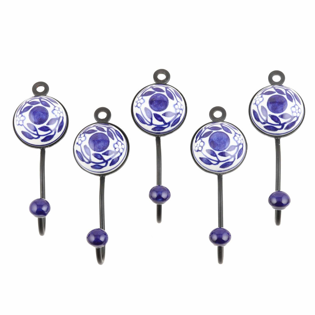 Set of 5 Ceramic Coat Hooks with Hand-Painted Floral Motifs - Purple Spring
