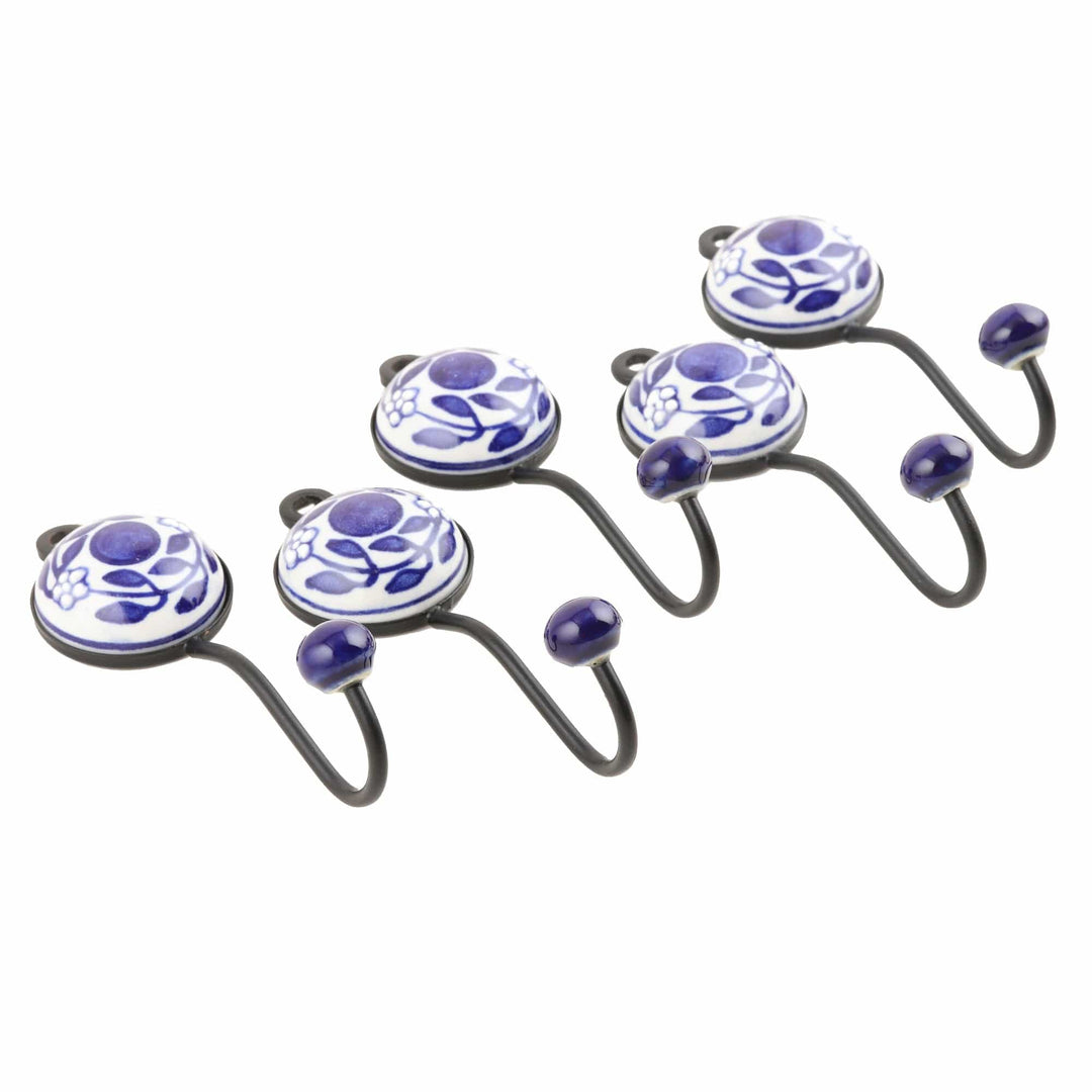 Set of 5 Ceramic Coat Hooks with Hand-Painted Floral Motifs - Purple Spring