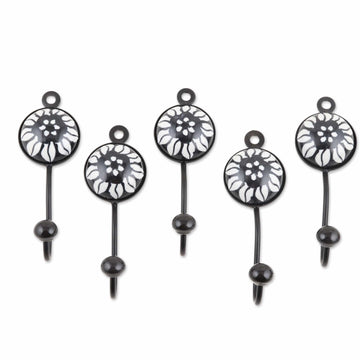 Set of 5 Ceramic Coat Hooks with Hand-Painted Floral Details - Night Blooming