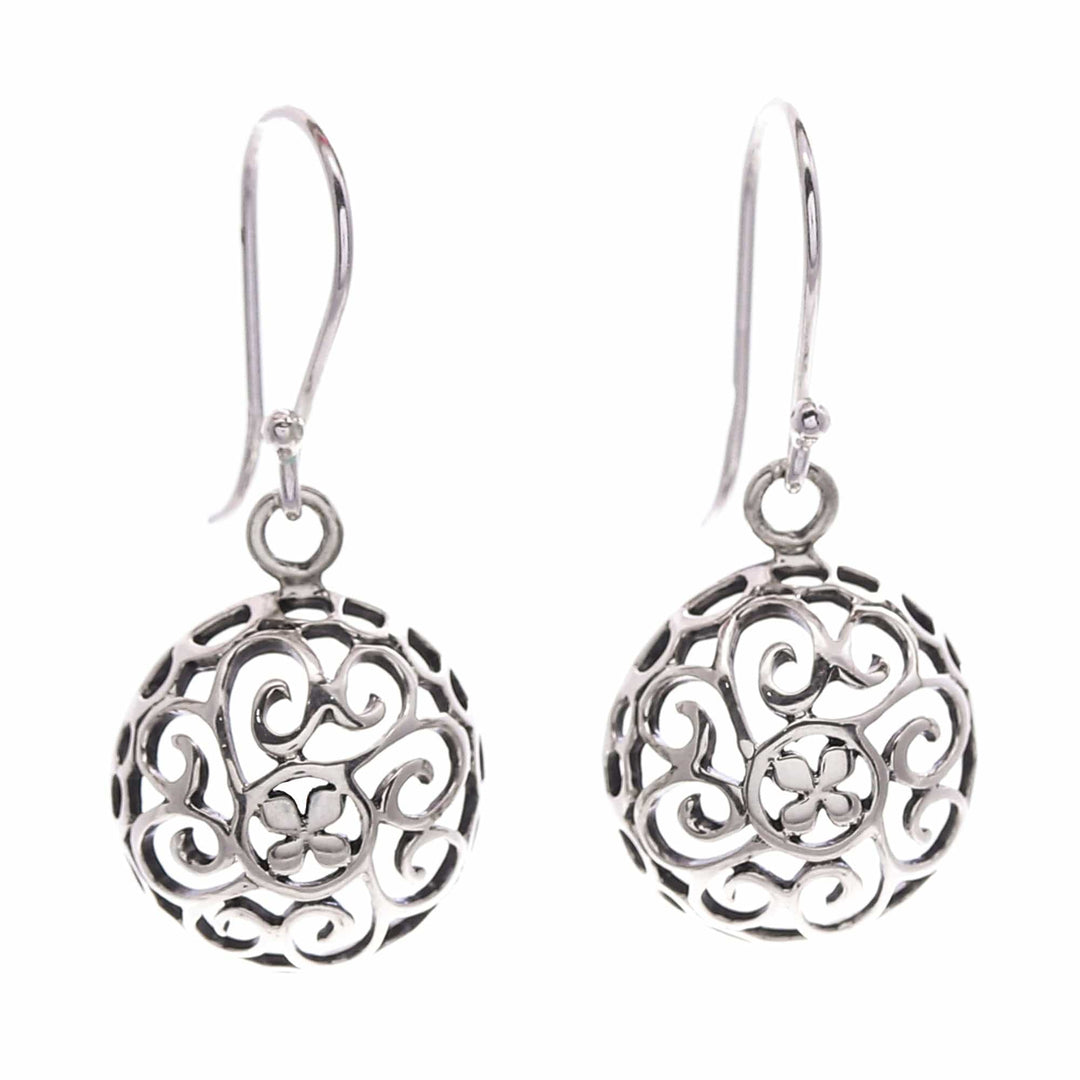 Polished Sterling Silver Dangle Earrings with Floral Design - Ethereal Bouquets