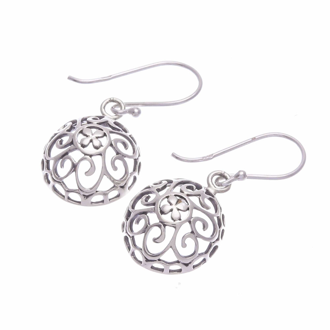 Polished Sterling Silver Dangle Earrings with Floral Design - Ethereal Bouquets