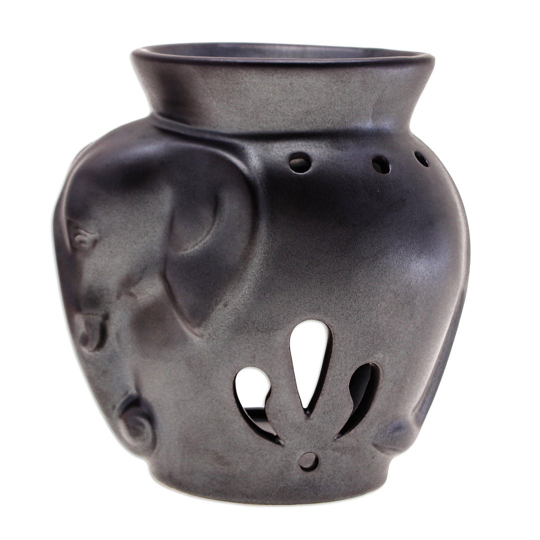 Handcrafted Ceramic Elephant Oil Warmer in Black Tone - Prosperity Essence