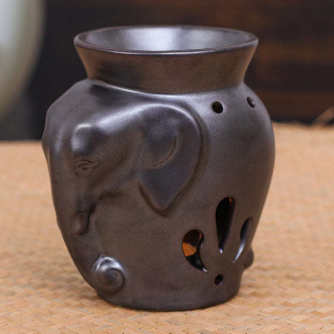 Handcrafted Ceramic Elephant Oil Warmer in Black Tone - Prosperity Essence