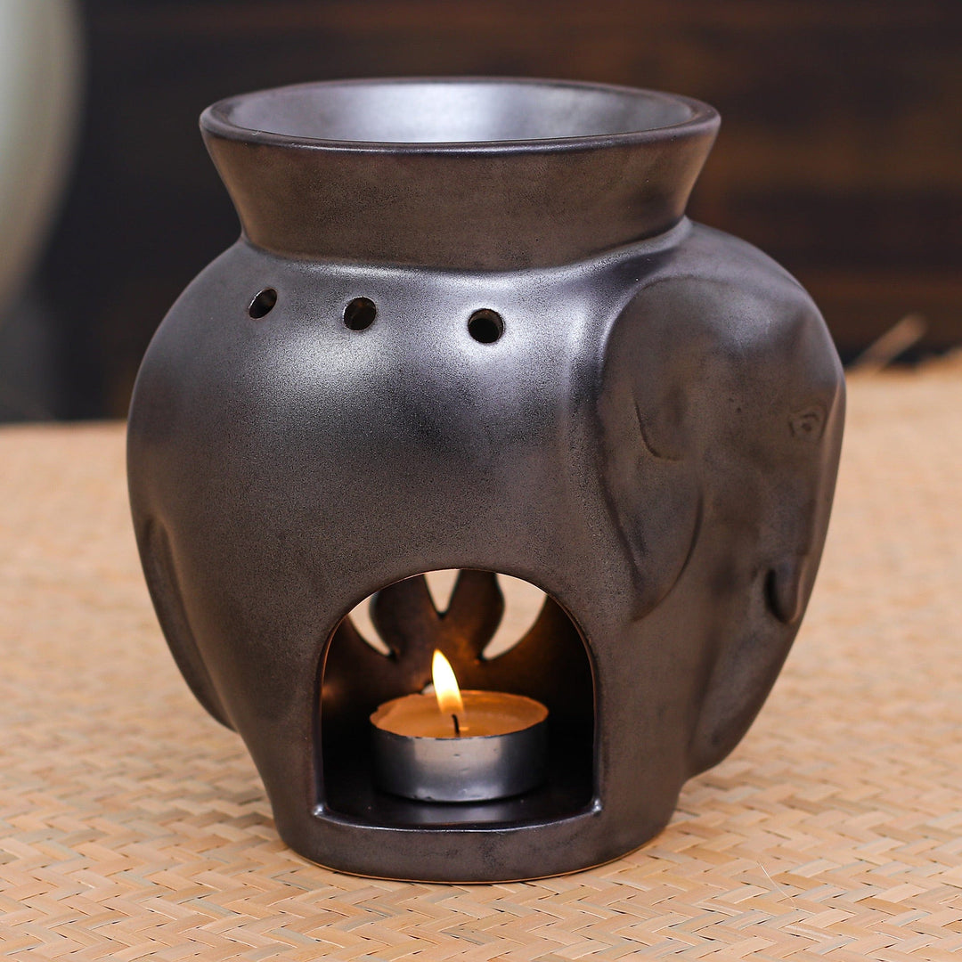 Handcrafted Ceramic Elephant Oil Warmer in Black Tone - Prosperity Essence