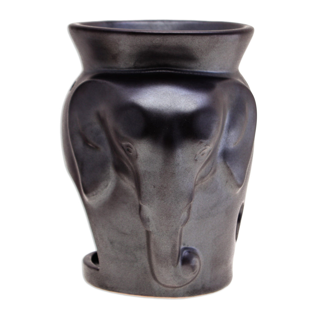 Handcrafted Ceramic Elephant Oil Warmer in Black Tone - Prosperity Essence