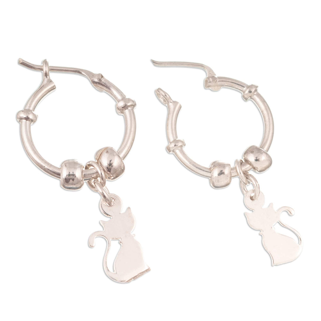 Polished Sterling Silver Hoop Earrings with Cat Motif - Little Kitten
