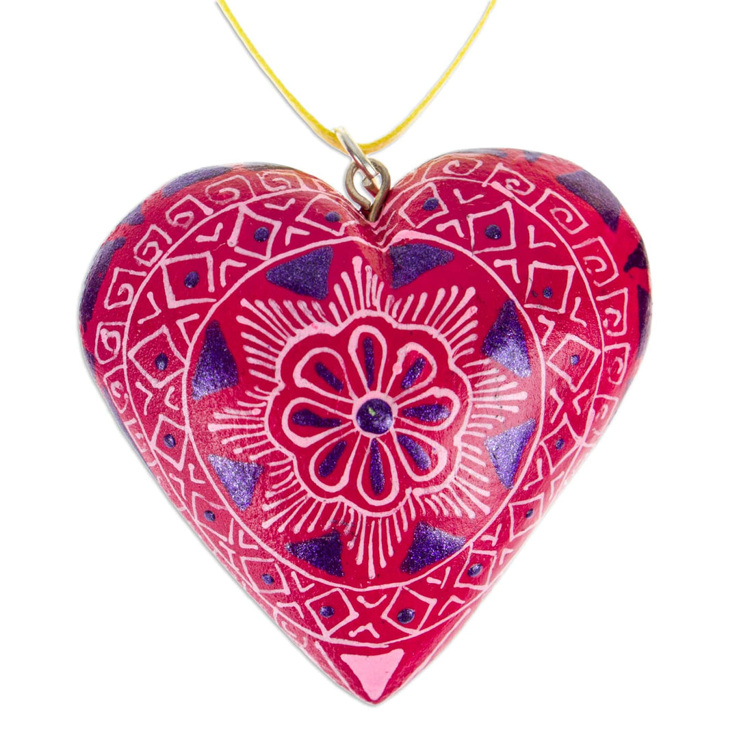 Mexican Hand-Painted Wood Alebrije Heart Christmas Ornament - Fuchsia Alebrije Heart