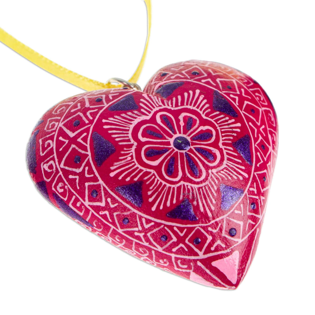 Mexican Hand-Painted Wood Alebrije Heart Christmas Ornament - Fuchsia Alebrije Heart
