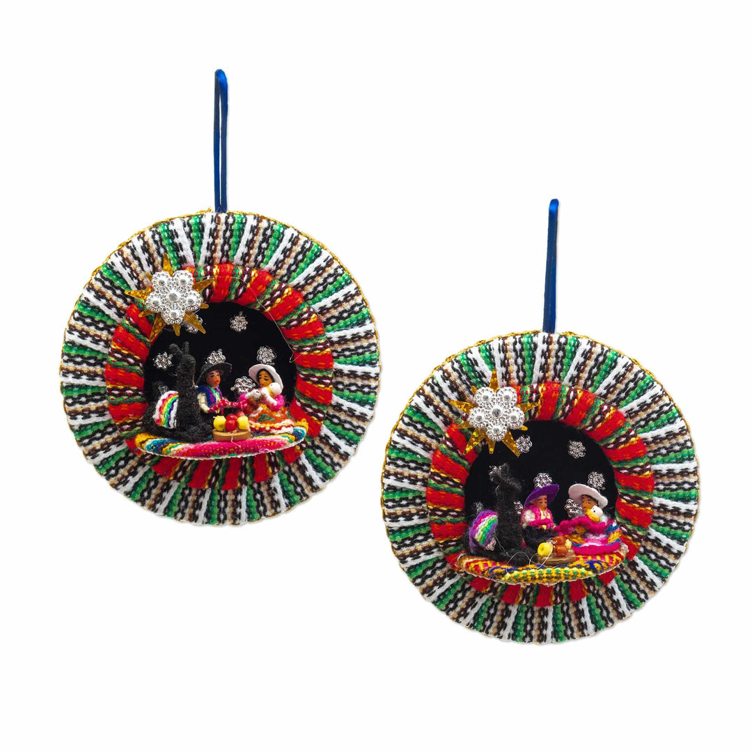 Pair of Wool Nativity Scene Ornaments Handcrafted in Peru - Stellar Night