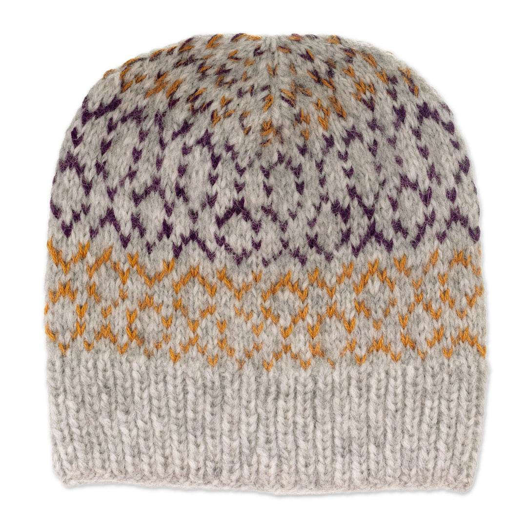 Knit Baby Alpaca Blend Hat in Grey Orange and Purple - Intarsia Mix