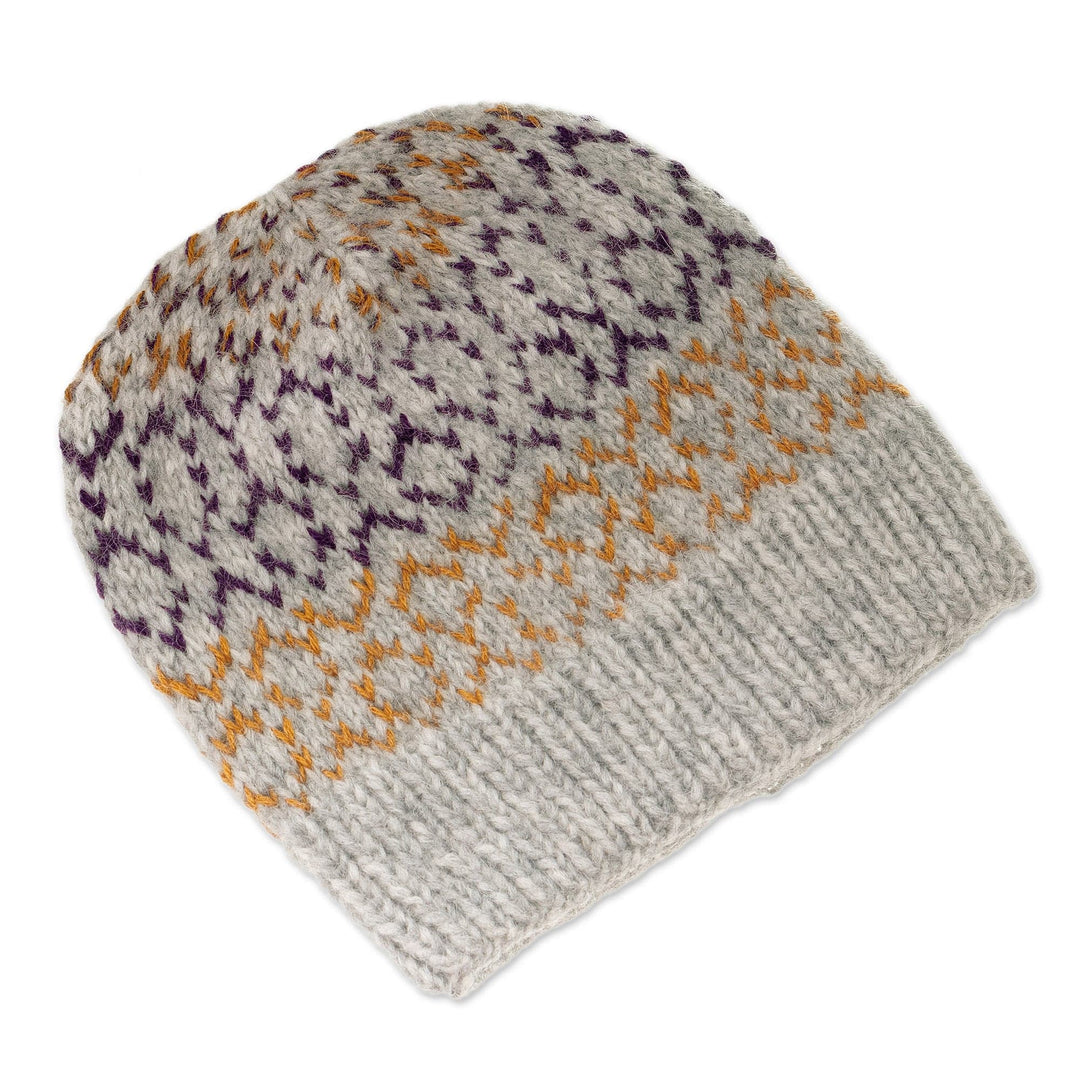 Knit Baby Alpaca Blend Hat in Grey Orange and Purple - Intarsia Mix