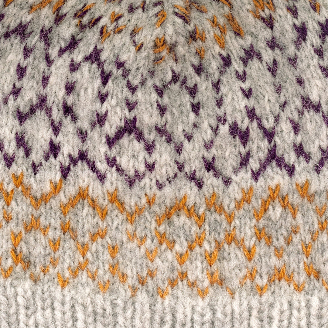 Knit Baby Alpaca Blend Hat in Grey Orange and Purple - Intarsia Mix