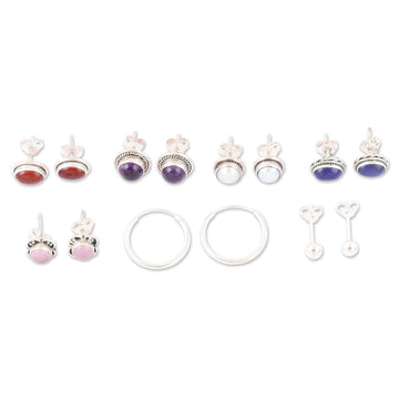 Set of 7 Polished Sterling Silver Earrings with Gemstones - Precious Auras