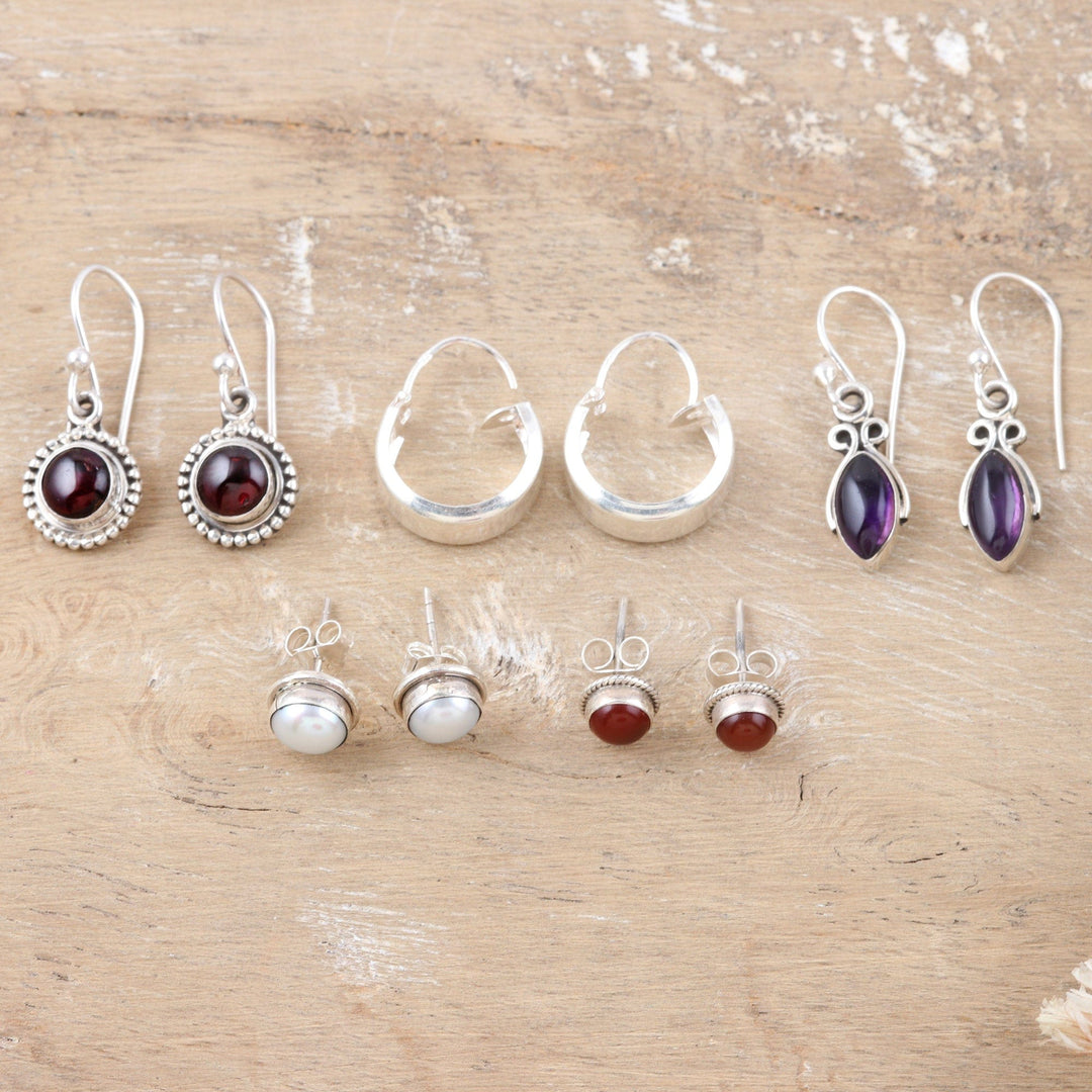 Set of 5 Gemstone Earrings Made from Sterling Silver - Jewel Mode