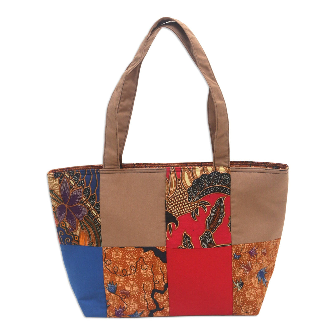 Brown Cotton Handbag with Batik Motifs and Zipper Closure - Brown Puzzle