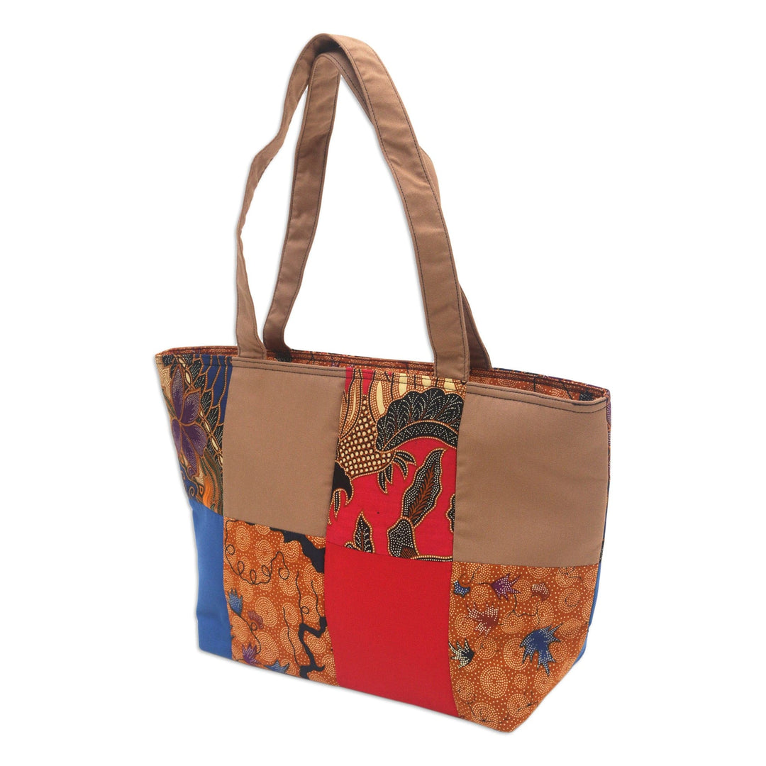 Brown Cotton Handbag with Batik Motifs and Zipper Closure - Brown Puzzle