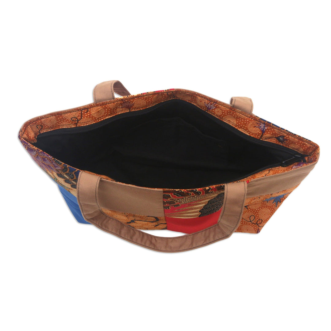 Brown Cotton Handbag with Batik Motifs and Zipper Closure - Brown Puzzle