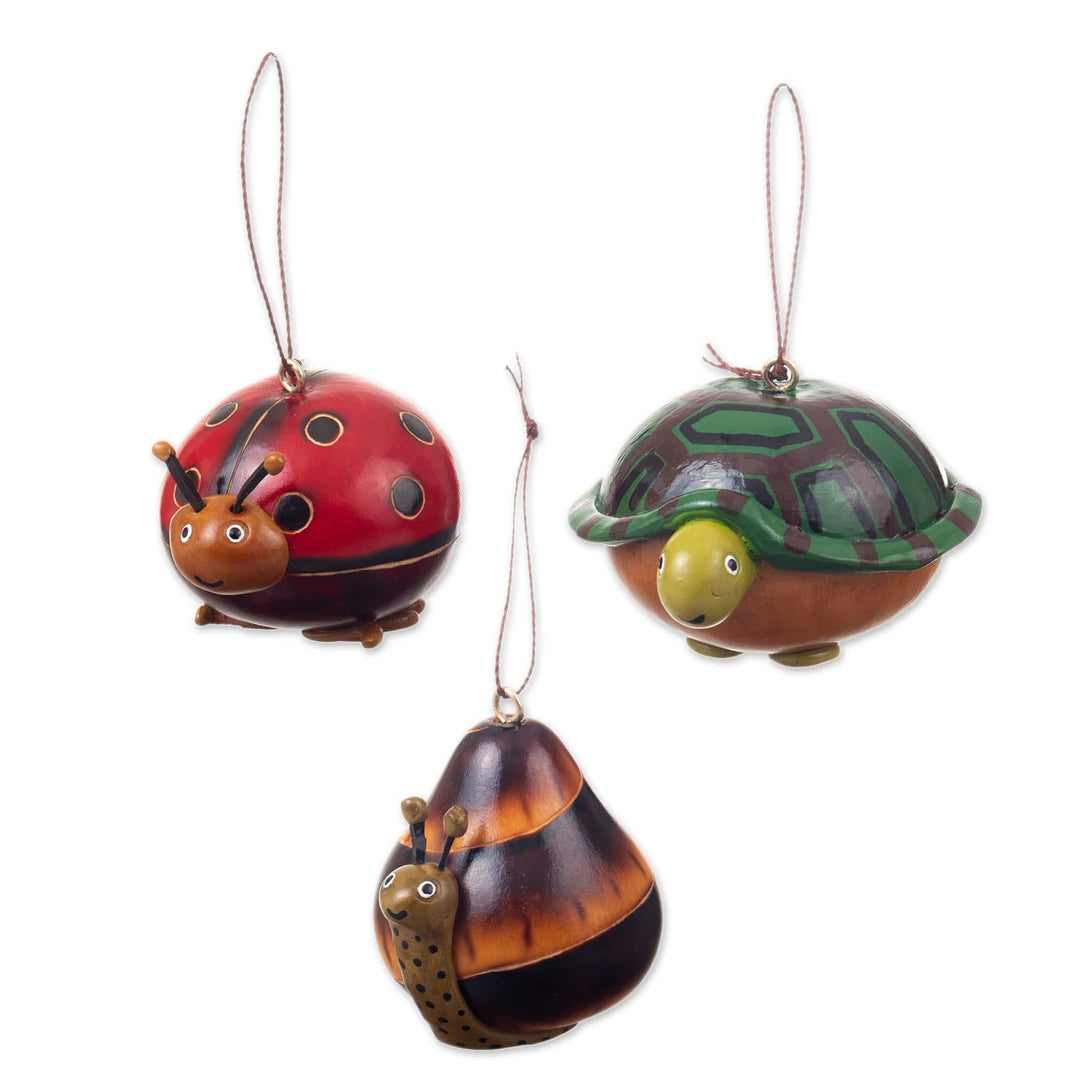 Set of 3 Handcrafted Dried Gourd Ornaments in a Warm Palette - Earth Buddies