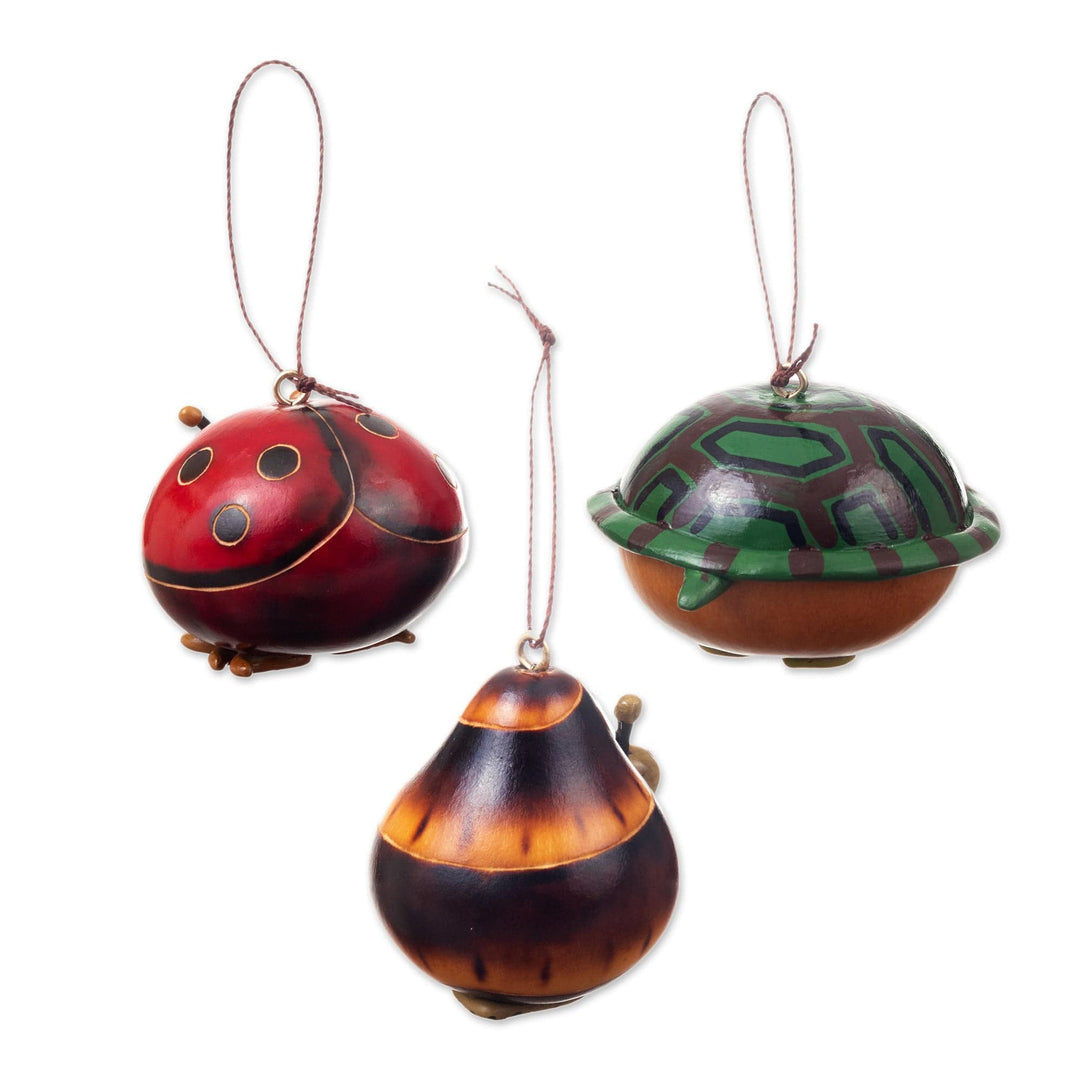 Set of 3 Handcrafted Dried Gourd Ornaments in a Warm Palette - Earth Buddies