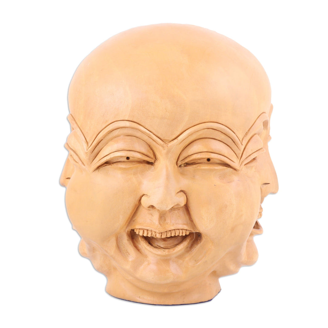 Hand-Carved Kadam Wood Sculpture of Laughing Man - Joyful Facets