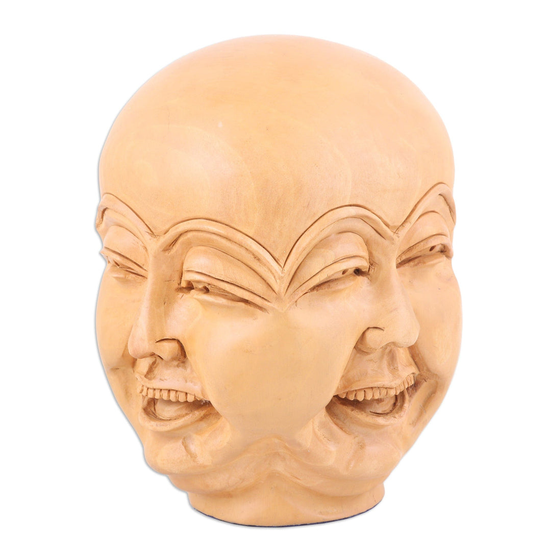 Hand-Carved Kadam Wood Sculpture of Laughing Man - Joyful Facets